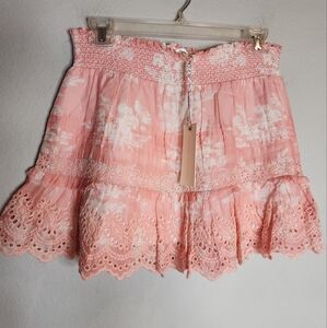 NWT LoveShackFancy Jimena Mini Skirt Coral Romance Smocked Stretch Size Large